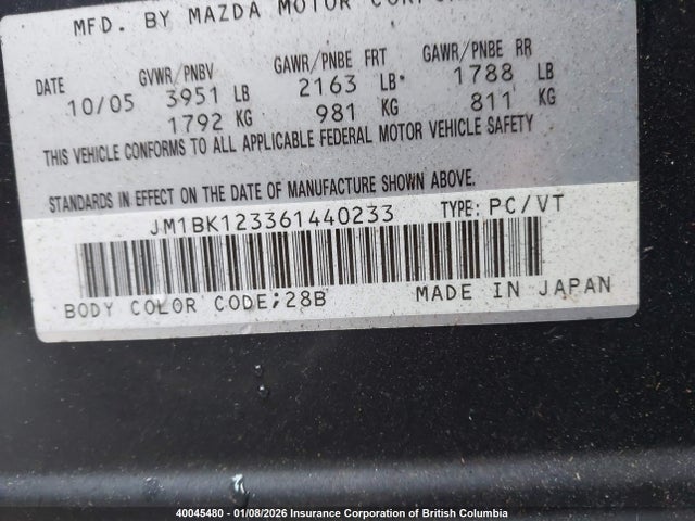 Продаж на аукціоні авто 2006 Mazda 3 S, vin: JM1BK123361440233, номер лоту: 40045480