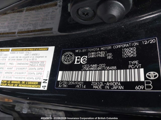 2021 Toyota C-hr მანქანა იყიდება აუქციონზე, vin: JTNKHMBX4M1108488, აუქციონის ნომერი: 40045674
