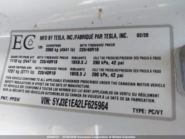 Продажа на аукционе авто 2020 Tesla Model 3, vin: 5YJ3E1EA2LF625964, номер лота: 40046351