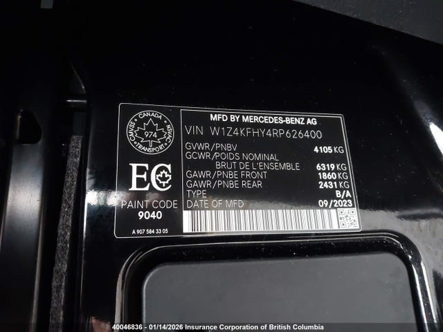 40046836 :رقم المزاد ، W1Z4KFHY4RP626400 vin ، 2024 Mercedes-benz Sprinter 2500 مزاد بيع