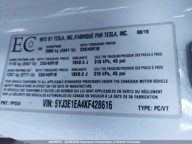 Tesla MODEL 3 2019 5YJ3E1EA4KF428616 Image 9
