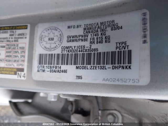 Aukcja sprzedaży 2004 Toyota Corolla Matrix Xr, vin: 2T1KR32E44C835085, numer aukcji: 40047062