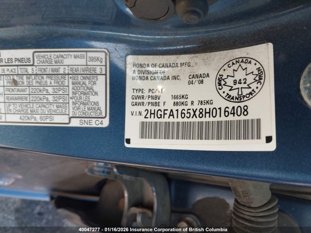 40047277 :رقم المزاد ، 2HGFA165X8H016408 vin ، 2008 Honda Civic مزاد بيع