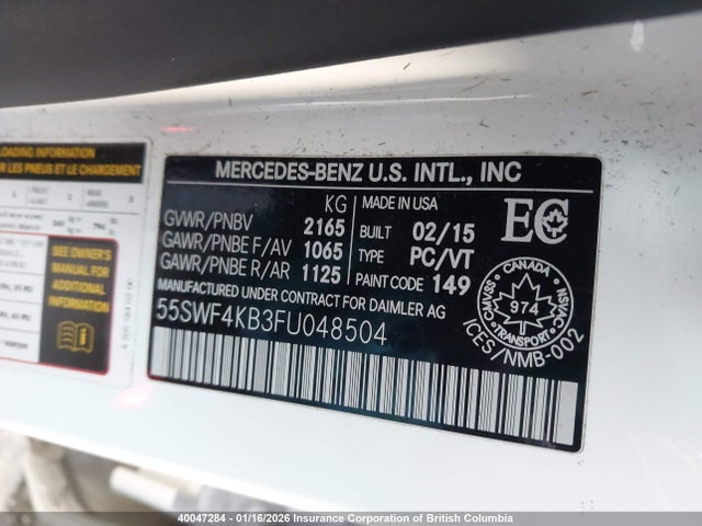 Продажа на аукционе авто 2015 Mercedes-benz C 300 4matic, vin: 55SWF4KB3FU048504, номер лота: 40047284