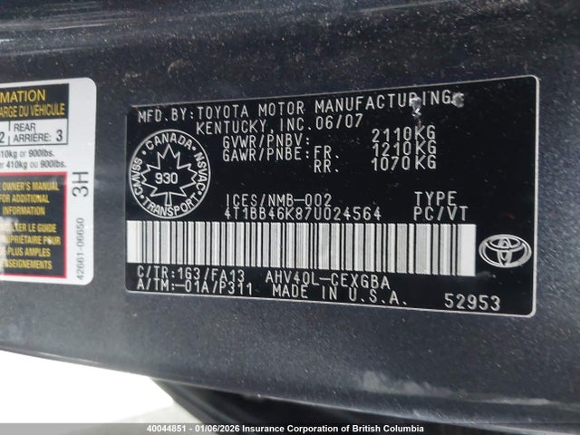 Продаж на аукціоні авто 2007 Toyota Camry Hybrid, vin: 4T1BB46K87U024564, номер лоту: 40044851