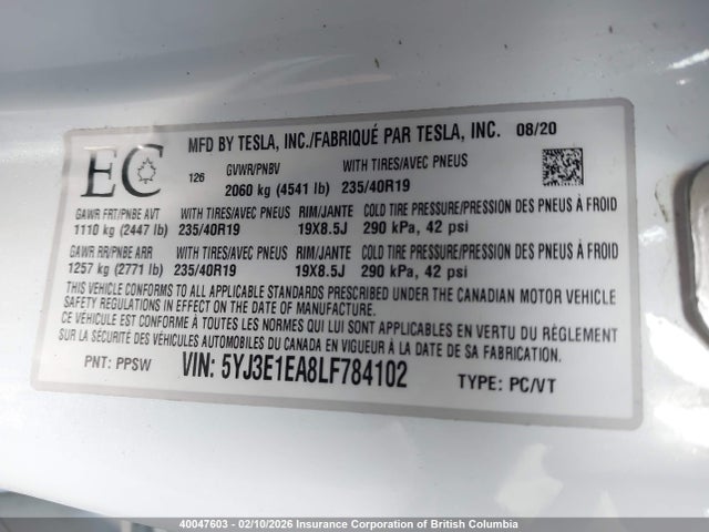Tesla MODEL 3 2020 5YJ3E1EA8LF784102 Image 9