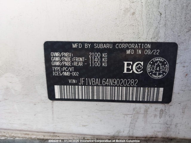 Subaru Wrx Limited 2022 JF1VBAL64N9020282 Image 9