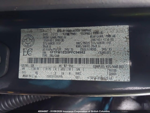 Продажа на аукционе авто 2023 Ford F150 Supercrew, vin: 1FTFW1ED5PFC94982, номер лота: 40044867