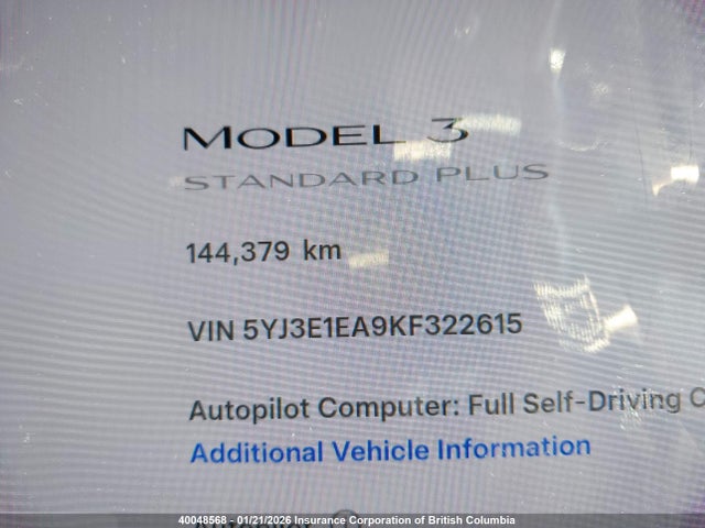 2019 Tesla Model 3 მანქანა იყიდება აუქციონზე, vin: 5YJ3E1EA9KF322615, აუქციონის ნომერი: 40048568