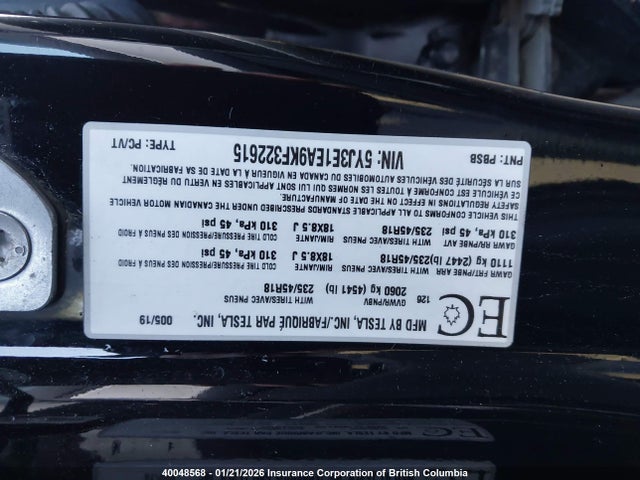 2019 Tesla Model 3 მანქანა იყიდება აუქციონზე, vin: 5YJ3E1EA9KF322615, აუქციონის ნომერი: 40048568