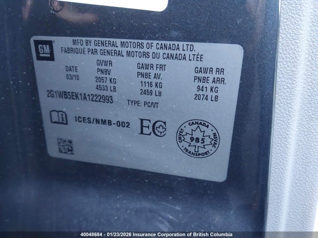40048684 :رقم المزاد ، 2G1WB5EK1A1222993 vin ، 2010 Chevrolet Impala Lt مزاد بيع