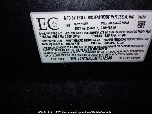 7SAYGAEE8RF072980 Tesla Model Y