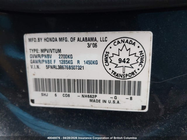 Aukcja sprzedaży 2006 Honda Odyssey Exl, vin: 5FNRL38676B507321, numer aukcji: 40048876