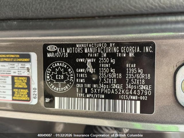 5XYPHDA52KG443790 KIA Sorento Ex/ex Sport