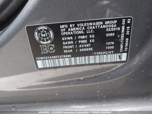 1VWCS7A35FC076665 Volkswagen PASSAT SEL