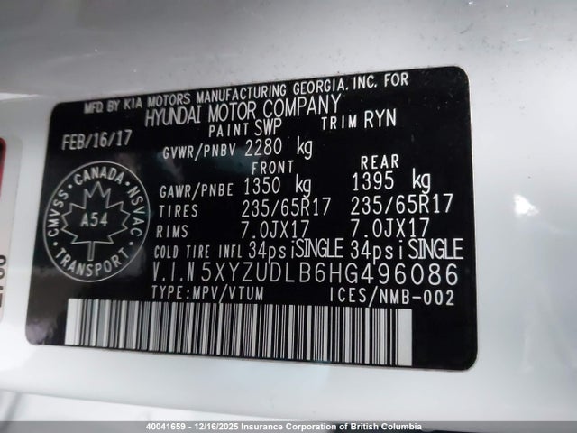 5XYZUDLB6HG496086 Hyundai SANTA FE SPORT