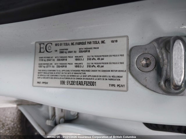 5YJ3E1EA0LF529301 Tesla Model 3 Standard Range Plus