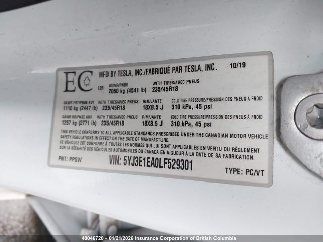 5YJ3E1EA0LF529301 Tesla Model 3 Standard Range Plus