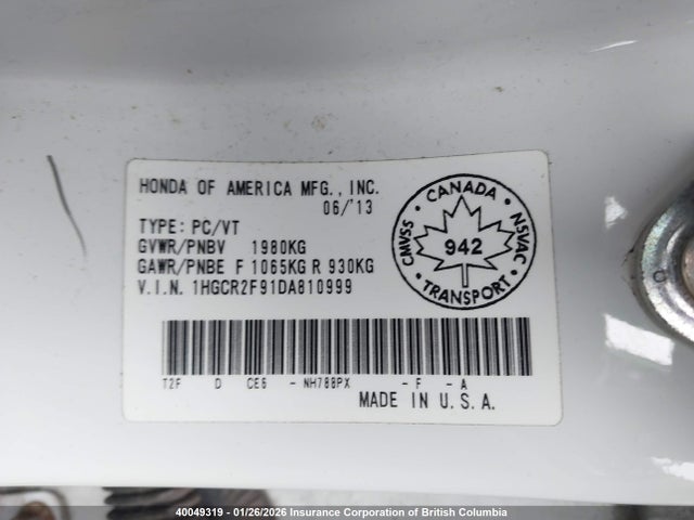 Aukcja sprzedaży 2013 Honda Accord Touring, vin: 1HGCR2F91DA810999, numer aukcji: 40049319