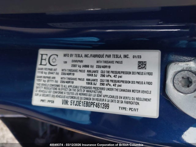 Aukcja sprzedaży 2023 Tesla Model 3, vin: 5YJ3E1EB0PF461399, numer aukcji: 40049374