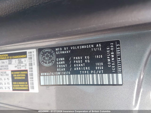 40049600 :رقم المزاد ، WVWAA7AJ1DW118370 vin ، 2013 Volkswagen Golf مزاد بيع