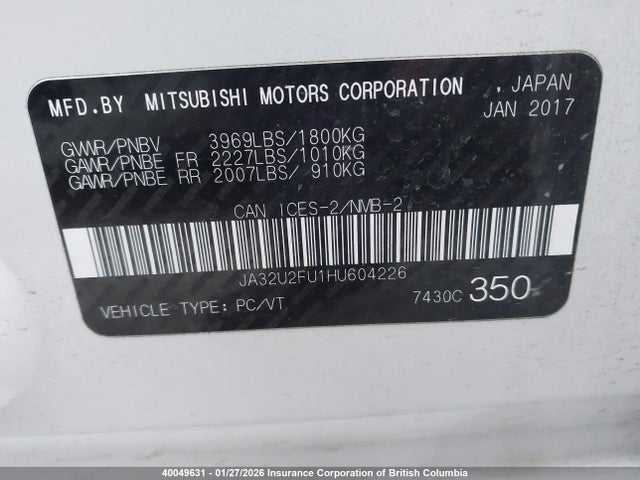 JA32U2FU1HU604226 Mitsubishi Lancer Es/se Anniversary Edition/se Black Edition/se Ltd