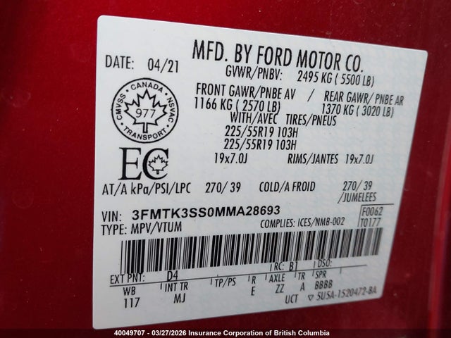 40049707 :رقم المزاد ، 3FMTK3SS0MMA28693 vin ، 2021 Ford Mustang Mach-e Premium مزاد بيع