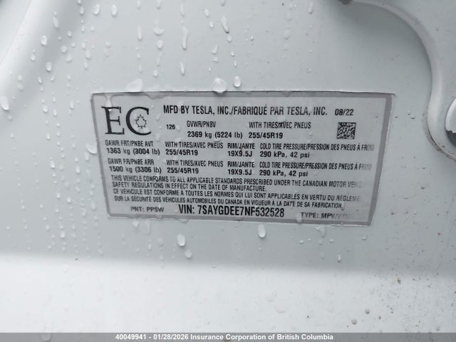 Aukcja sprzedaży 2022 Tesla Model Y, vin: 7SAYGDEE7NF532528, numer aukcji: 40049941