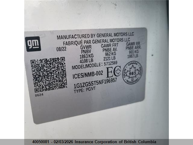 1G1ZG5ST5NF196957 Chevrolet MALIBU RS