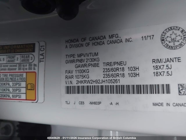 2HKRW2H92JH105261 Honda Cr-v Touring