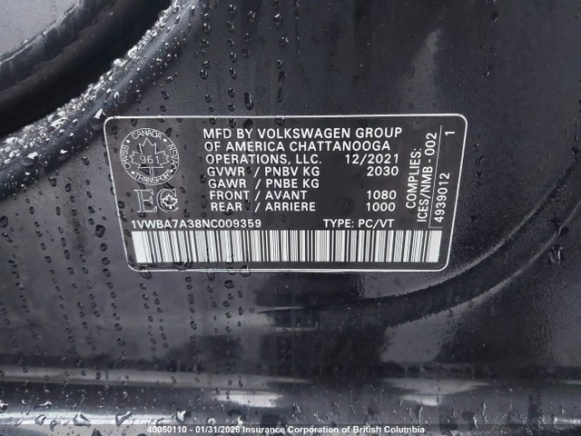 1VWBA7A38NC009359 Volkswagen Passat 2.0t Limited Edition