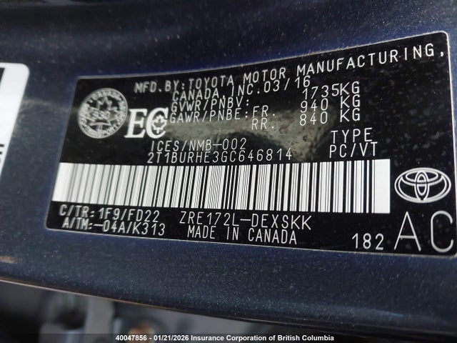 2T1BURHE3GC646814 Toyota Corolla L/le/le Pls/prm/s/s Pls