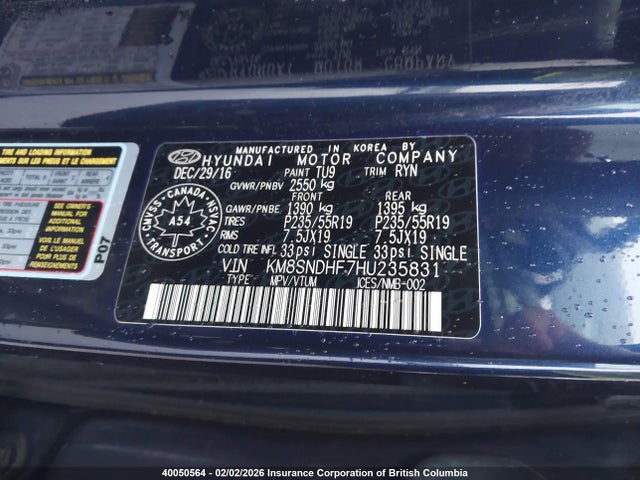 KM8SNDHF7HU235831 Hyundai Santa Fe Se/limited