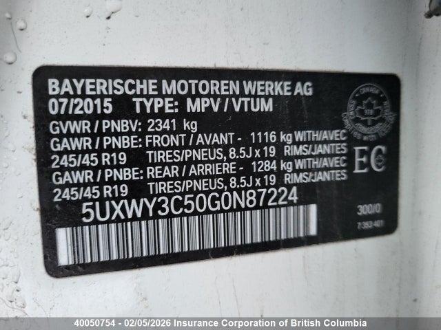 5UXWY3C50G0N87224 BMW X3