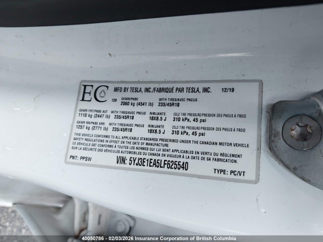 5YJ3E1EA5LF625540 Tesla MODEL 3