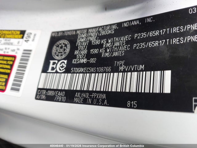 5TDGRKEC5NS108766 Toyota Sienna Le/xle/xse/limited/platinum
