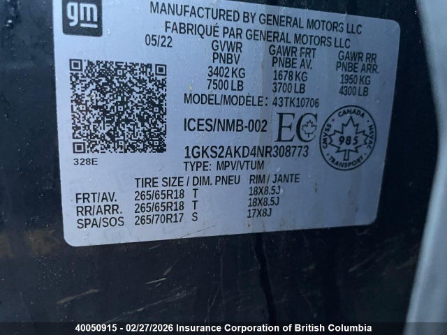 1GKS2AKD4NR308773 GMC Yukon