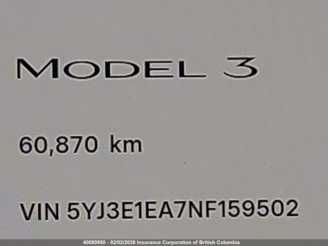 5YJ3E1EA7NF159502 Tesla MODEL 3