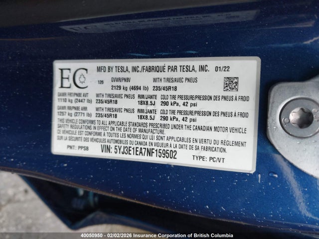 5YJ3E1EA7NF159502 Tesla MODEL 3