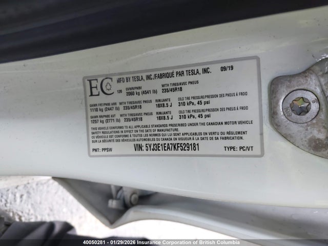 5YJ3E1EA7KF529181 Tesla MODEL 3
