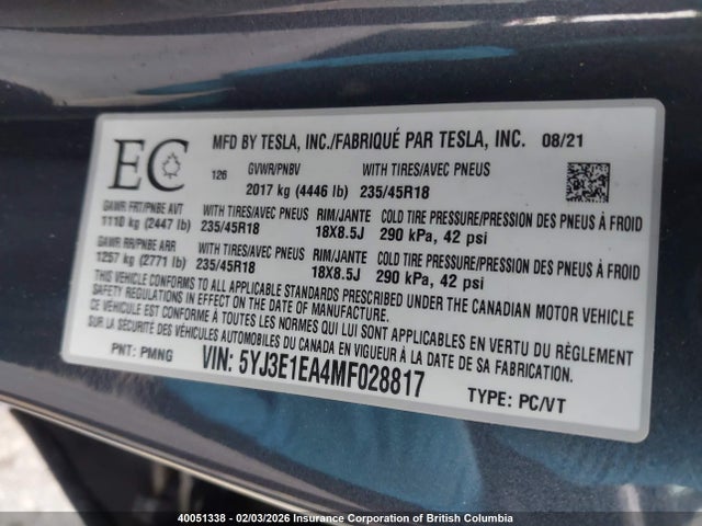 5YJ3E1EA4MF028817 Tesla MODEL 3