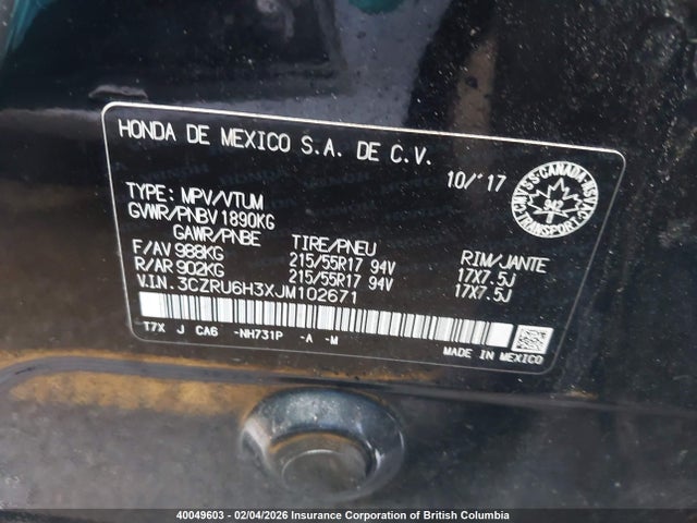 3CZRU6H3XJM102671 Honda HR-V LX