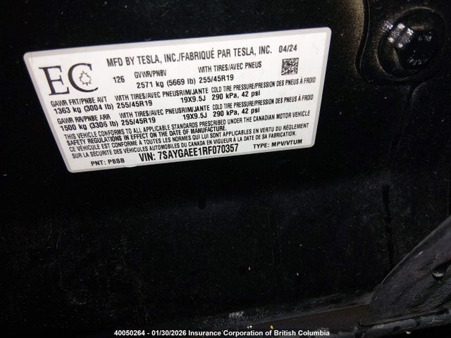 7SAYGAEE1RF070357 Tesla Model Y