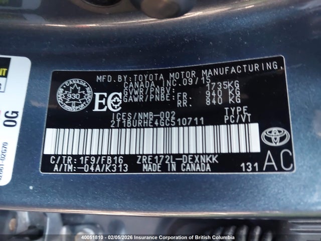 2T1BURHE4GC510711 Toyota Corolla L/le/le Pls/prm/s/s Pls