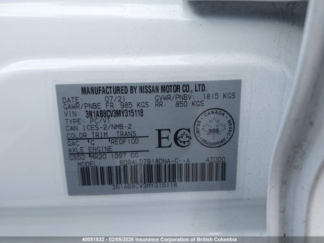 3N1AB8CV3MY315118 Nissan SENTRA SV
