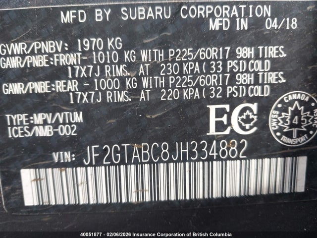 JF2GTABC8JH334882 Subaru Crosstrek Premium