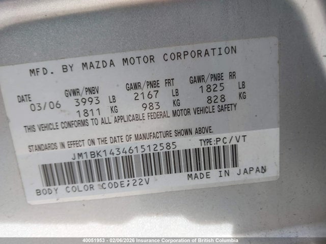Aukcja sprzedaży 2006 Mazda 3 Hatchback, vin: JM1BK143461512585, numer aukcji: 40051953