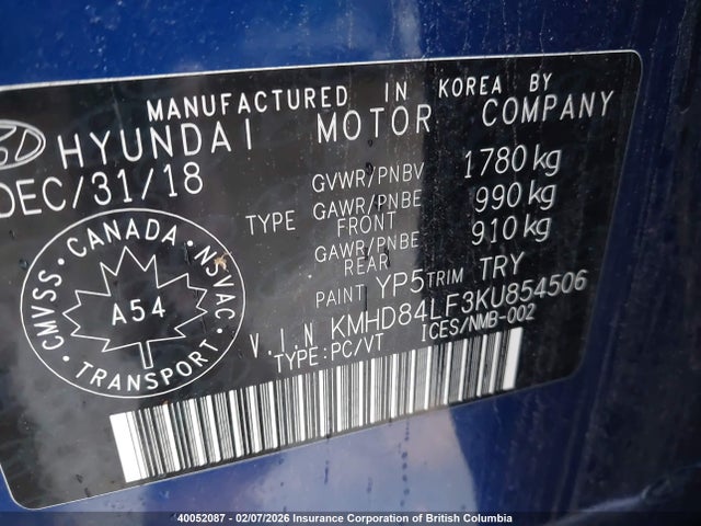 KMHD84LF3KU854506 Hyundai Elantra Sel/value/limited
