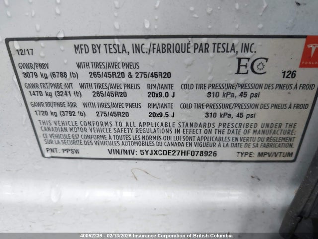 5YJXCDE27HF078926 Tesla Model X Awd/standard Range