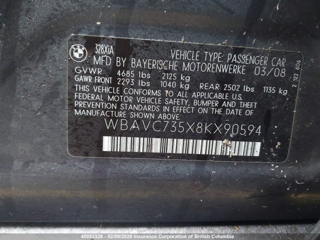 Продажа на аукционе авто 2008 Bmw 328xi, vin: WBAVC735X8KX90594, номер лота: 40052326